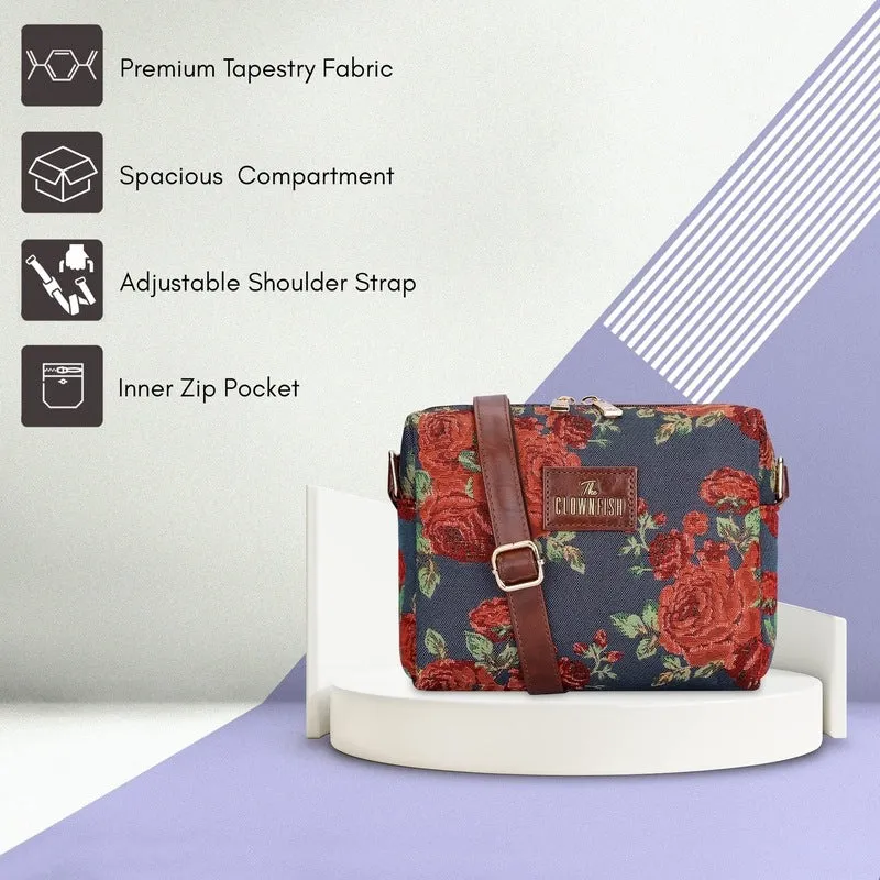 THE CLOWNFISH Combo Of Adelina Series Sling for Women Crossbody Bag for College Girls Lorna Tapestry Fabric & Faux Leather Handbag Sling Bag for Women (Navy Blue)