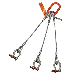 Three Leg Wire Rope Sling | 46 Ton Vertical Rated | Thimble-to-Screw Pin Anchor Shackle | 1-3/8" Dia. | 18' Length | EIPS 6x37 IWRC | Hanes Supply (HSI) Heavy Duty Rigging Cable