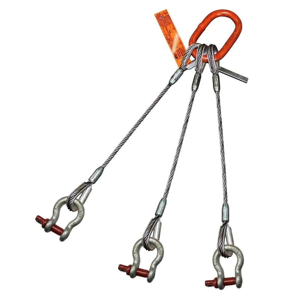 Three Leg Wire Rope Sling | 46 Ton Vertical Rated | Thimble-to-Screw Pin Anchor Shackle | 1-3/8" Dia. | 18' Length | EIPS 6x37 IWRC | Hanes Supply (HSI) Heavy Duty Rigging Cable