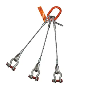 Three Leg Wire Rope Sling | 95 Ton Vertical Rated Capacity | Thimble-to-Bolt Anchor Shackle | 2" Dia. | 20' Length | EIPS 6x37 IWRC | Hanes Supply (HSI) Heavy Duty Rigging Cable