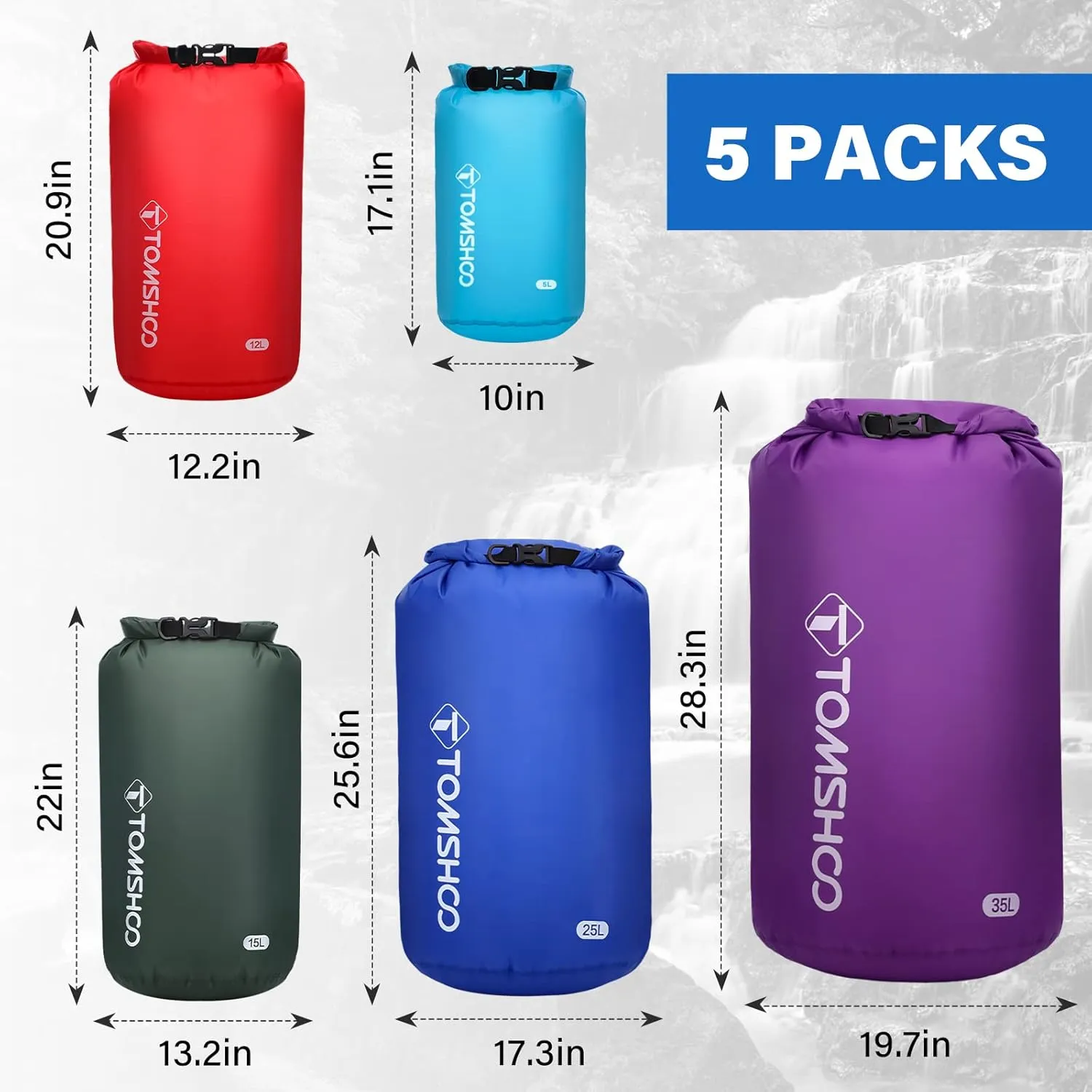 TOMSHOO Dry Bag 3-Pack/5-Pack, Lightweight Waterproof Bags Roll Top Sack Set Keeps Gear Dry for Hiking, Beach, Fishing, Kayaking, Boating, Swimming, Camping