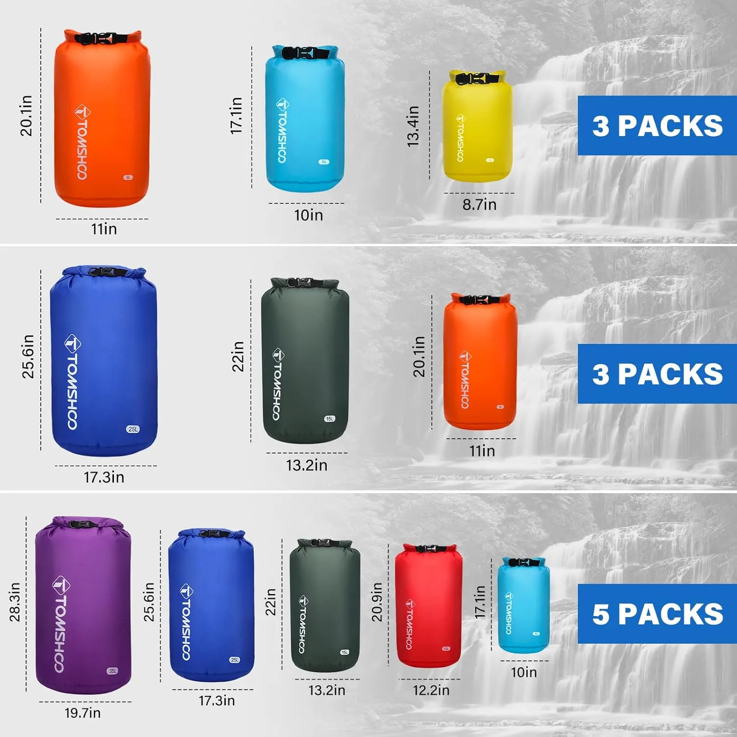 TOMSHOO Dry Bag 3-Pack/5-Pack, Lightweight Waterproof Bags Roll Top Sack Set Keeps Gear Dry for Hiking, Beach, Fishing, Kayaking, Boating, Swimming, Camping