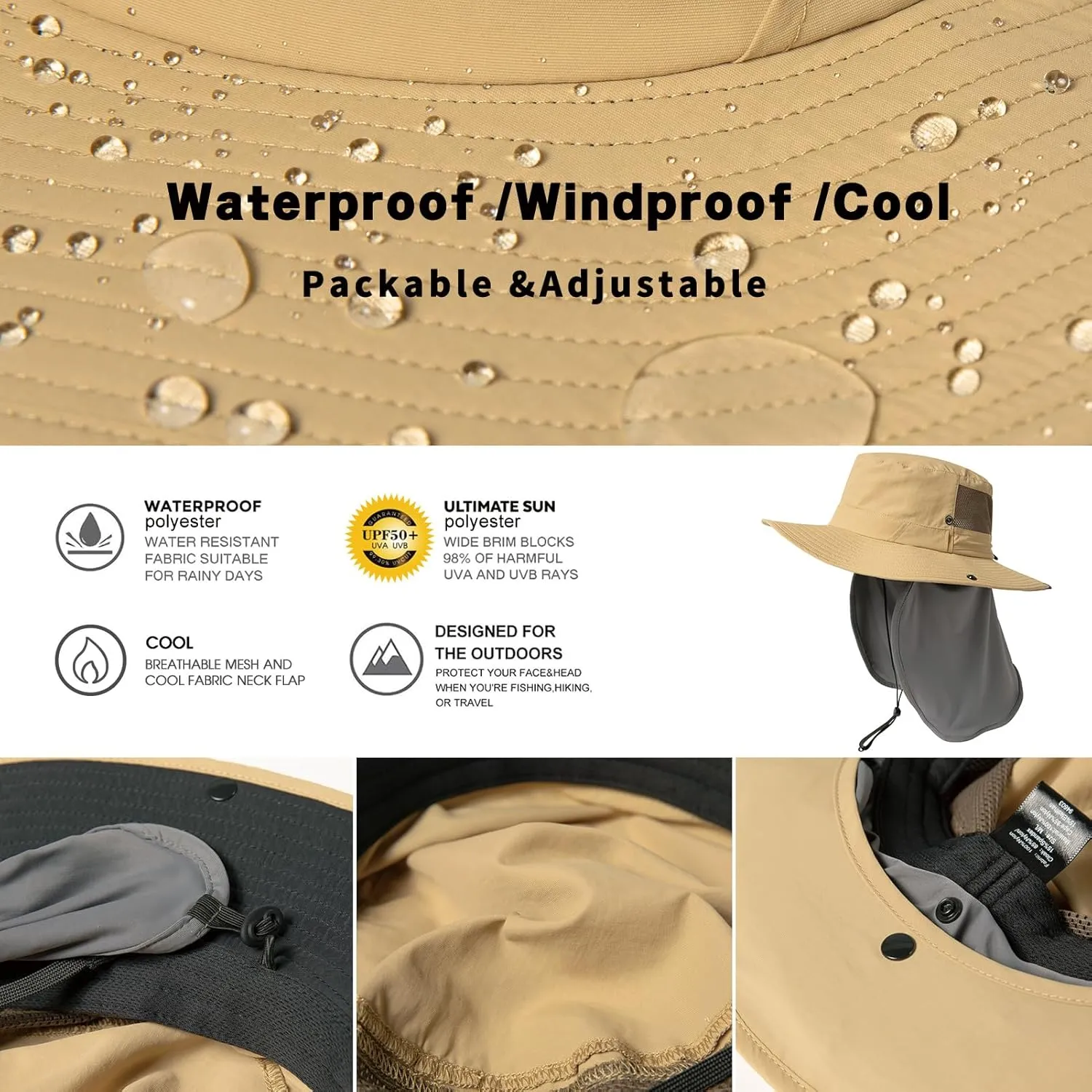 TOP-EX L/XL/XXL UV Protection Mens Sun Hat with Cooling Neck Flap Sunglass Lock Wide Brim Fishing Hats Waterproof & Packable