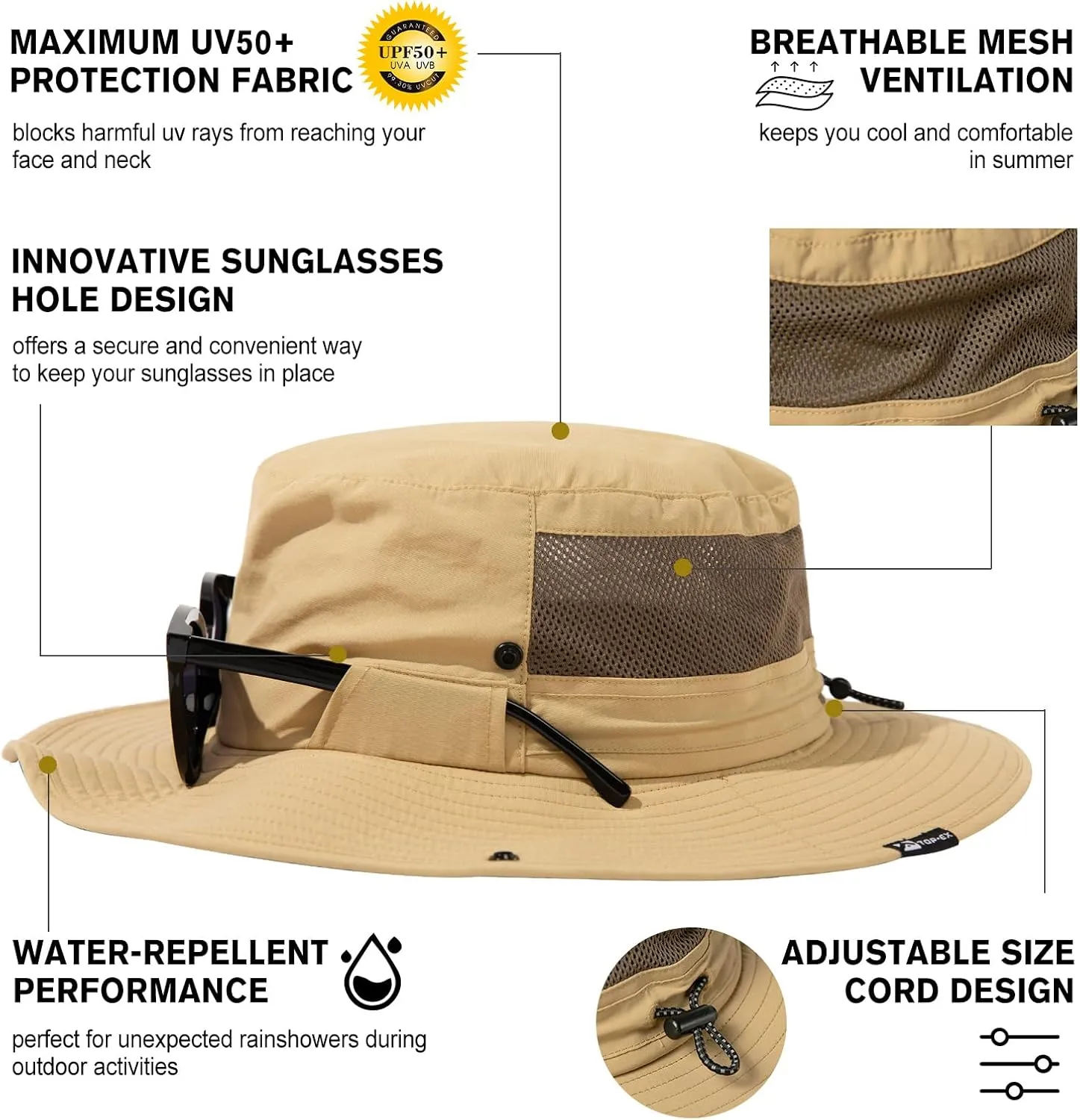 TOP-EX L/XL/XXL UV Protection Mens Sun Hat with Cooling Neck Flap Sunglass Lock Wide Brim Fishing Hats Waterproof & Packable