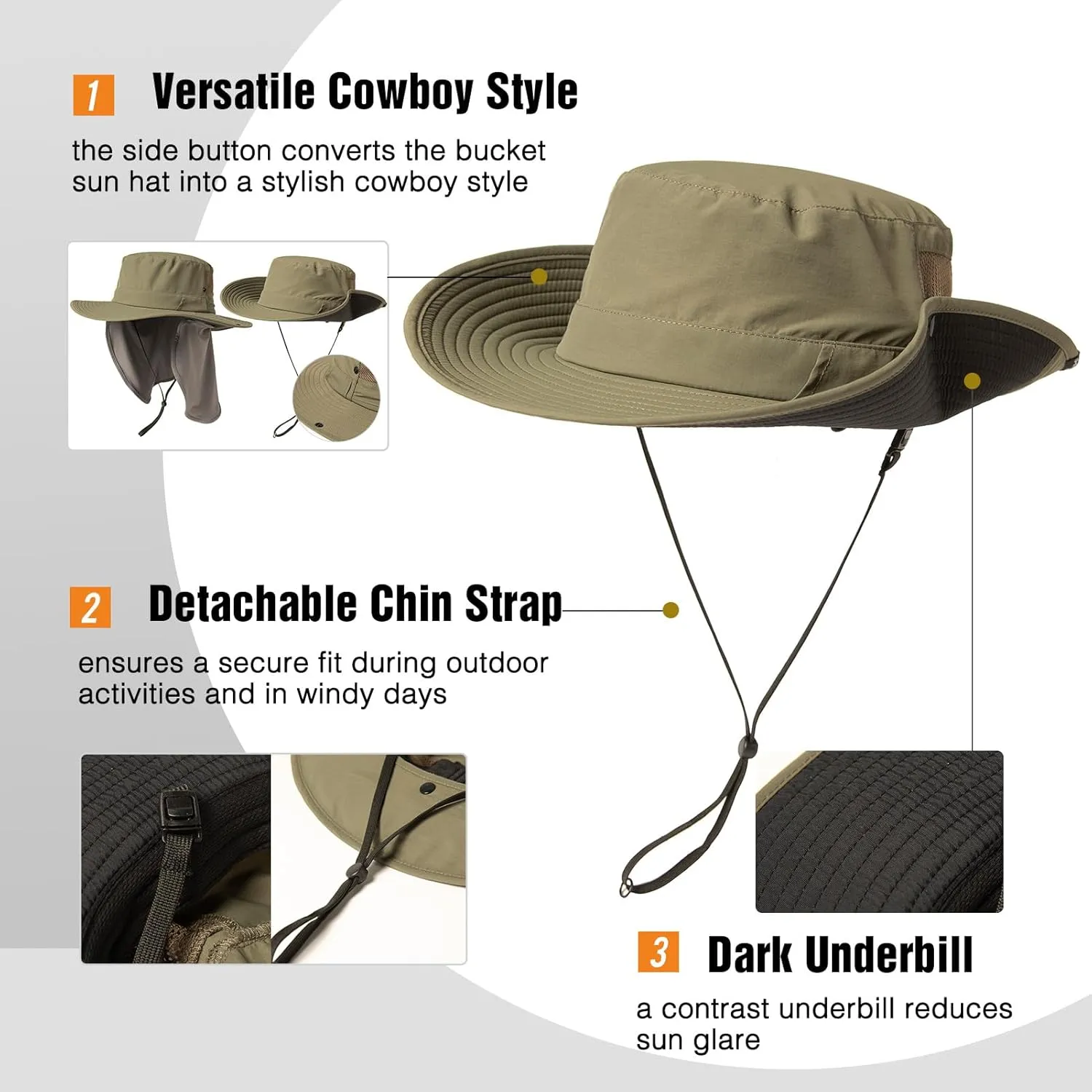 TOP-EX L/XL/XXL UV Protection Mens Sun Hat with Cooling Neck Flap Sunglass Lock Wide Brim Fishing Hats Waterproof & Packable