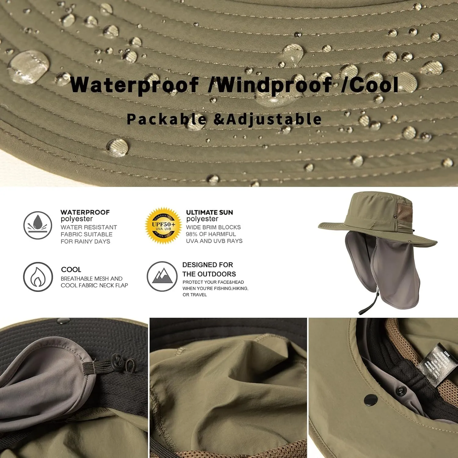 TOP-EX L/XL/XXL UV Protection Mens Sun Hat with Cooling Neck Flap Sunglass Lock Wide Brim Fishing Hats Waterproof & Packable