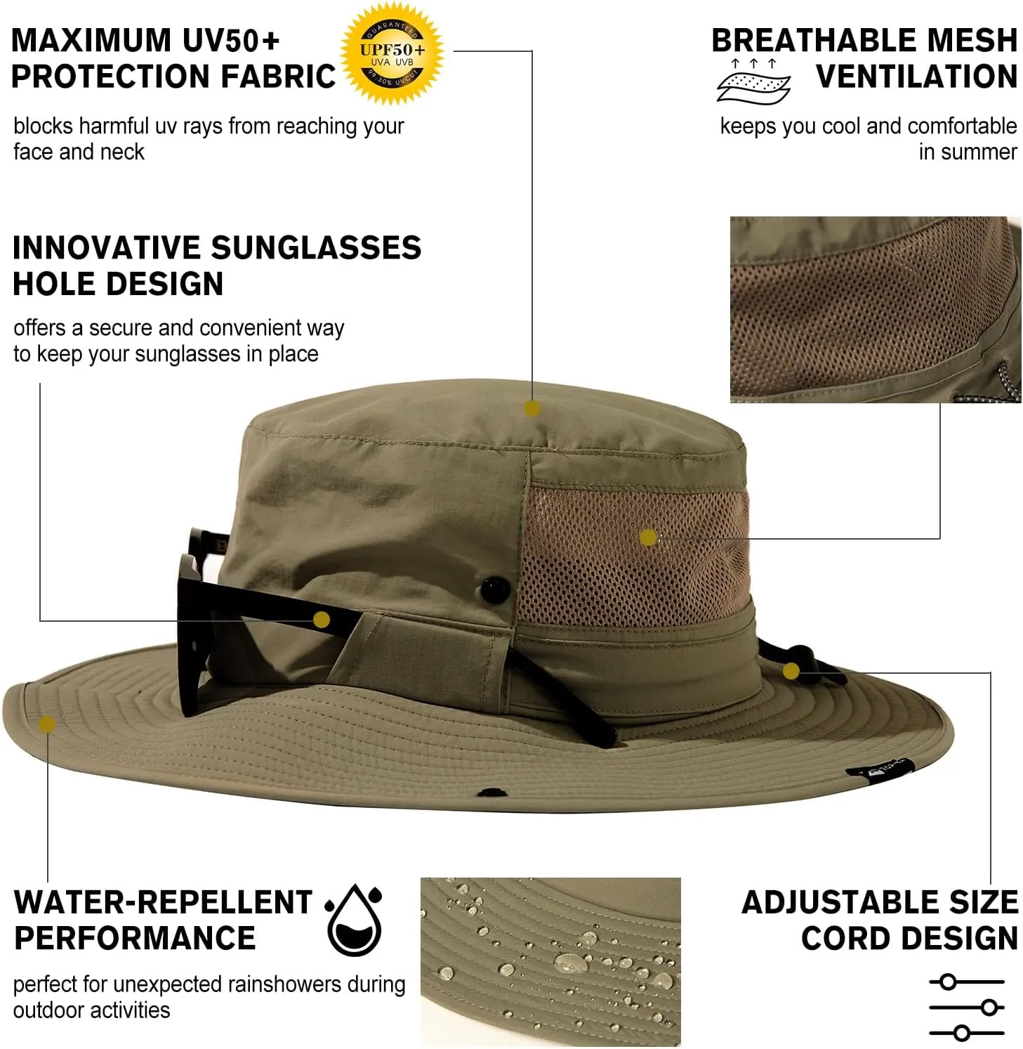 TOP-EX L/XL/XXL UV Protection Mens Sun Hat with Cooling Neck Flap Sunglass Lock Wide Brim Fishing Hats Waterproof & Packable