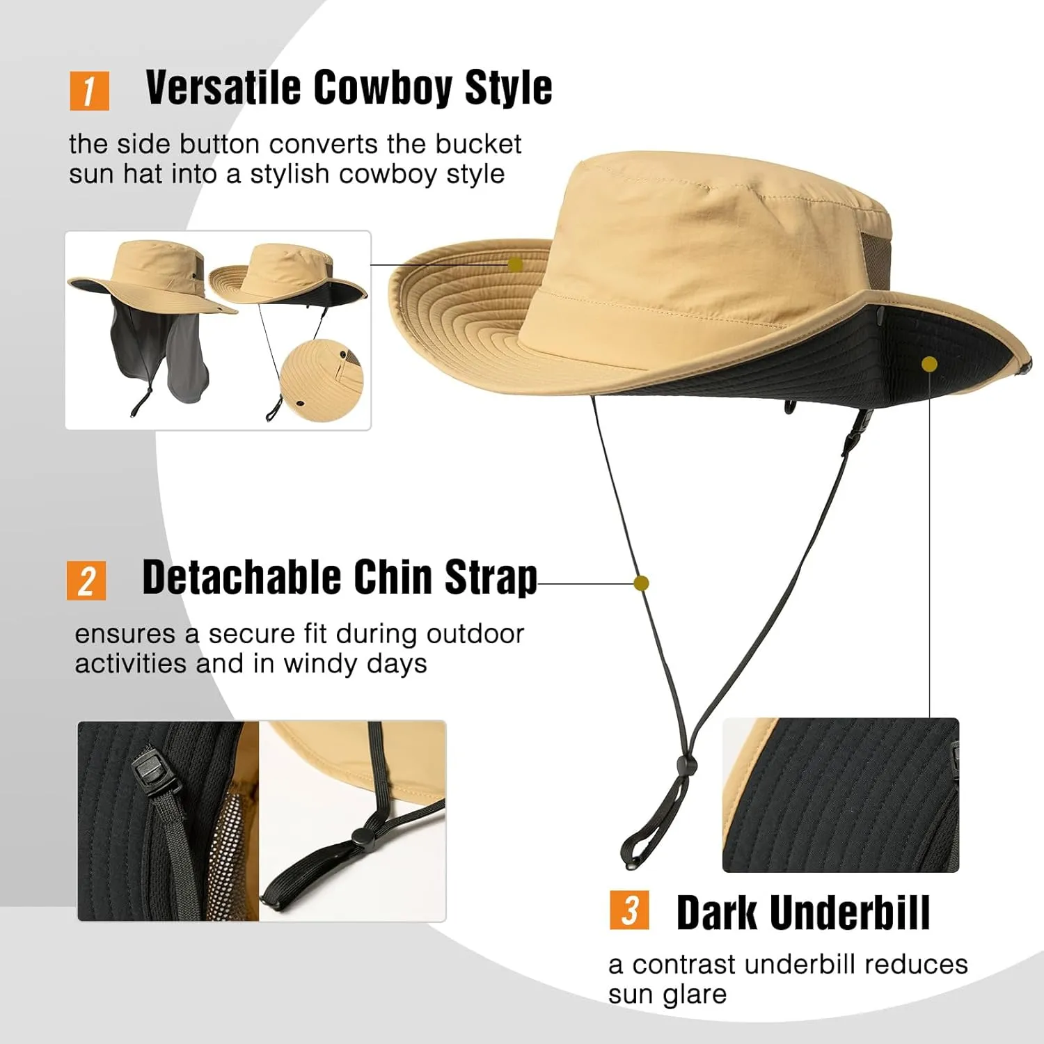 TOP-EX L/XL/XXL UV Protection Mens Sun Hat with Cooling Neck Flap Sunglass Lock Wide Brim Fishing Hats Waterproof & Packable