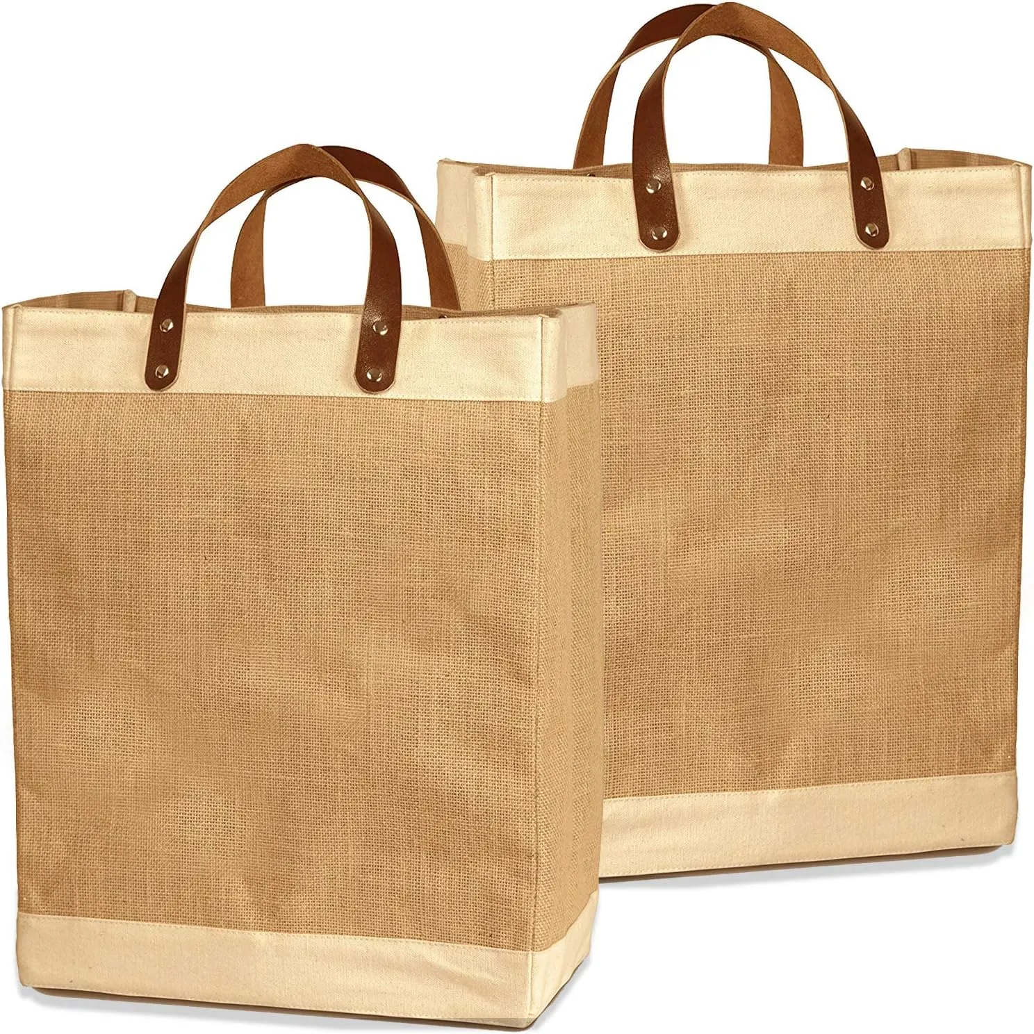 Tote Bag Faux Leather Straps Reusable Burlap Shopping 2 Pack Farmers Market Jute Foldable