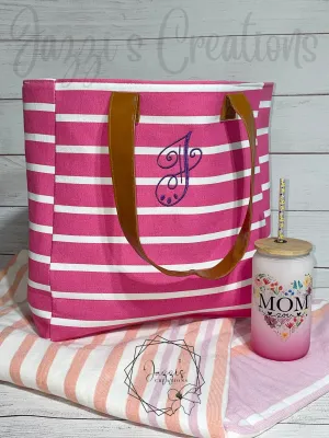 Tote Bag with Embroidered Monogram - Pink Stripe