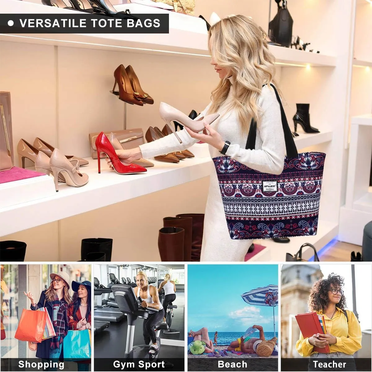 Tote Bag with Zipper for Women Inside Mesh Pocket Heavy Duty Casual Anti-water Cloth Travel Shoulder Handbag