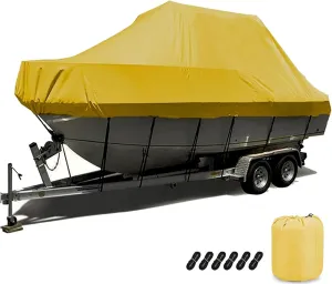 Trailerable Boat Covers,Waterproof UV Resistant 600D Heavy Duty Boat Cover Boat Tarp Center Console Cover Fits V-Hull,Yacht,Fishing Boat,Utiltiy Boats,Tri-Hull(Color:Yellow,Size:17to19FT: 600x230cm)