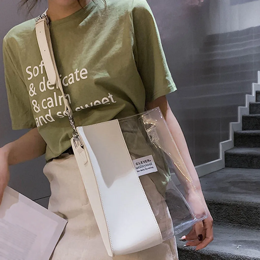 Transparent Handbag Women Waterproof Plastic Transparent Beach Bag PVC Jelly Bag Contrast Color Bag Handbag Shoulder Bags