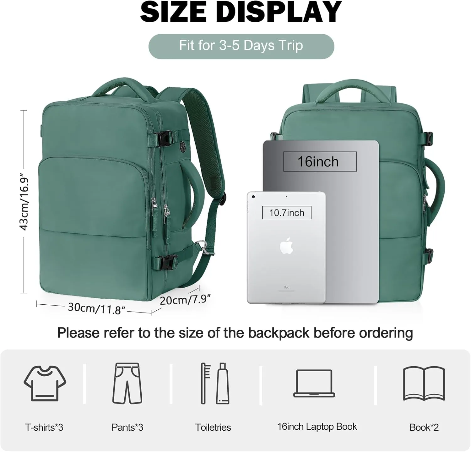 Travel Backpack for Men Women, Carry on Backpack Flight Approved, Personal Item Backpack Bag on Airplanes,Backpacks for Traveling, Travel Essentials,Dark Green