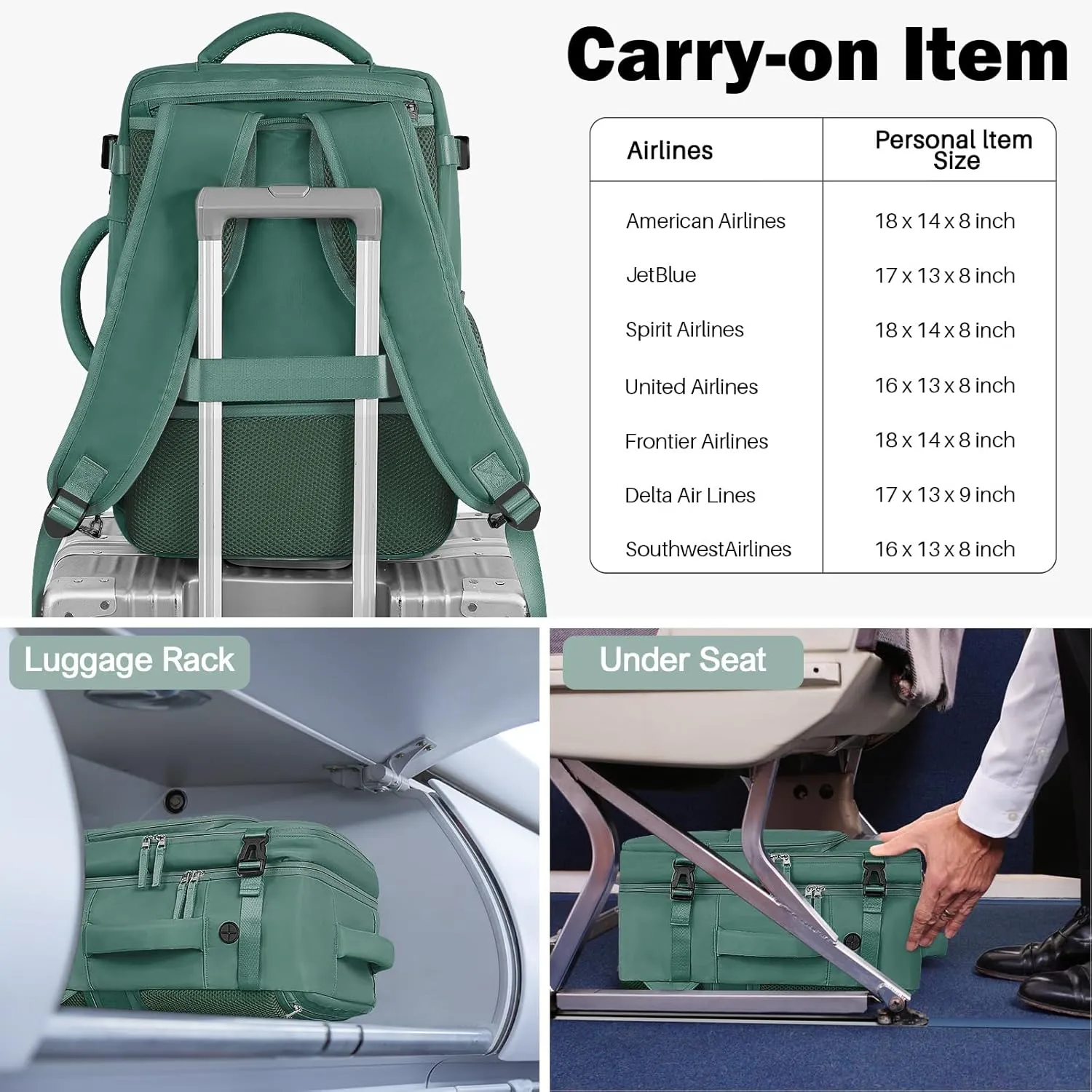 Travel Backpack for Men Women, Carry on Backpack Flight Approved, Personal Item Backpack Bag on Airplanes,Backpacks for Traveling, Travel Essentials,Dark Green