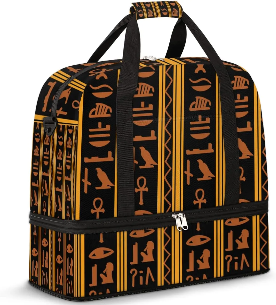 Travel Duffel Bag Ancient Egypt Mural Hieroglyph Sport Gym Bag for Woman Man,Waterproof Foldable Weekend Overnight Bag for Yoga Workout Training with Shoe Compartment
