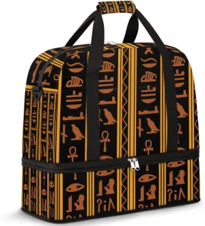 Travel Duffel Bag Ancient Egypt Mural Hieroglyph Sport Gym Bag for Woman Man,Waterproof Foldable Weekend Overnight Bag for Yoga Workout Training with Shoe Compartment