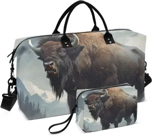 Travel Duffel Bag Bison Rock Moutain Gym Bag Sports Tote Bag with Multiple Interior Pockets Shoulder Weekender Bag for Women Men with Toiletry Bag 20.5”x 7.9”x 13.8
