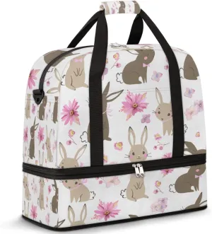 Travel Duffel Bag Cute Flower Bunny Rabbit Sport Gym Bag for Woman Man,Waterproof Foldable Weekend Overnight Bag for Yoga Workout Training with Shoe Compartment