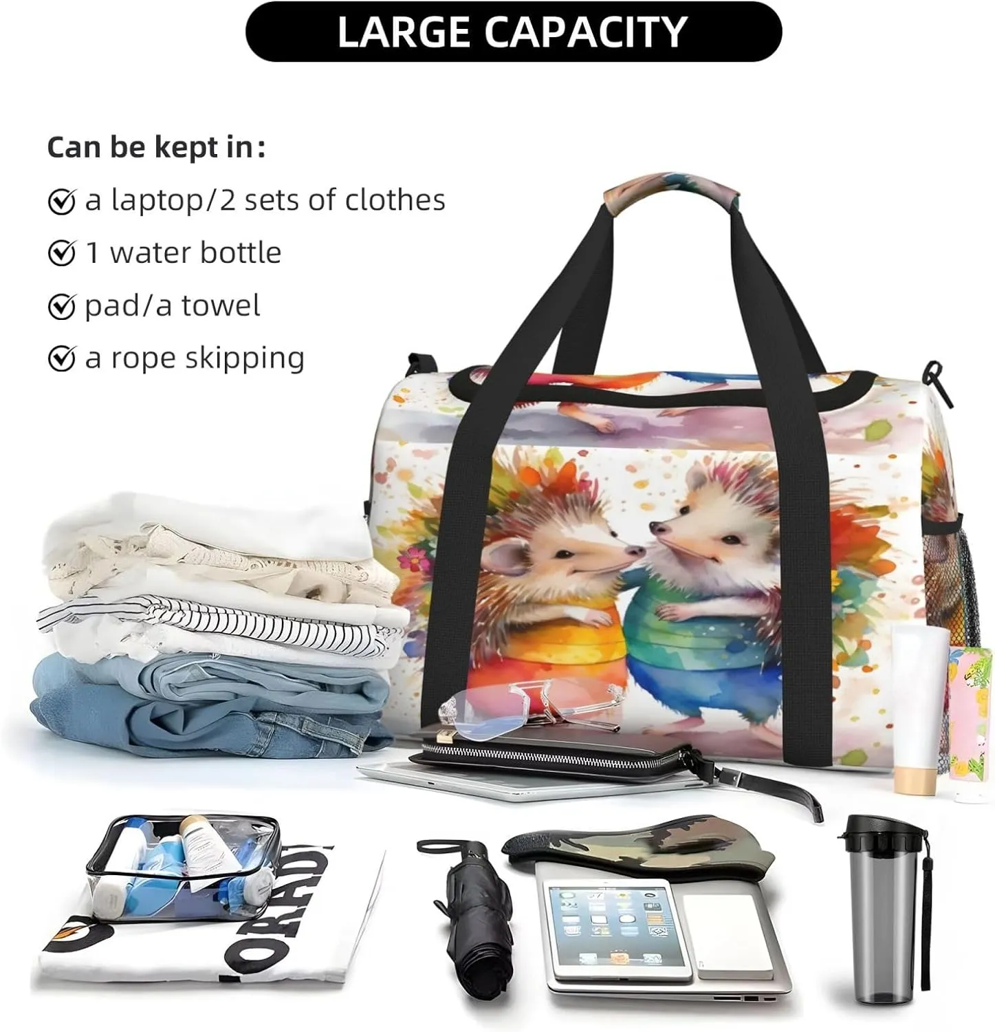Travel Duffel Bag For Men Women, Animal Hedgehogs Art Painting Carry On Sport Gym Bag With Shoulder Strap Lightweight Waterproof Weekender Bag Overnight Bag