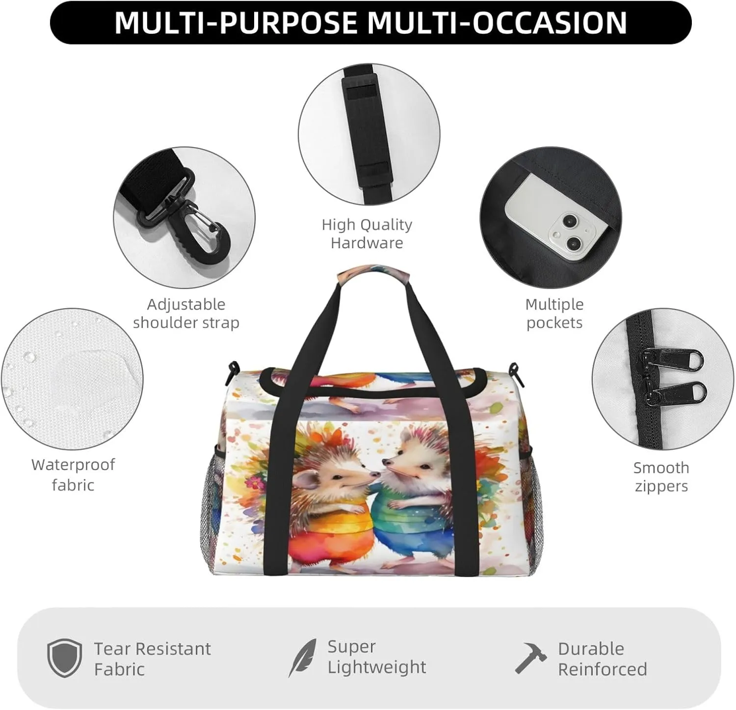 Travel Duffel Bag For Men Women, Animal Hedgehogs Art Painting Carry On Sport Gym Bag With Shoulder Strap Lightweight Waterproof Weekender Bag Overnight Bag