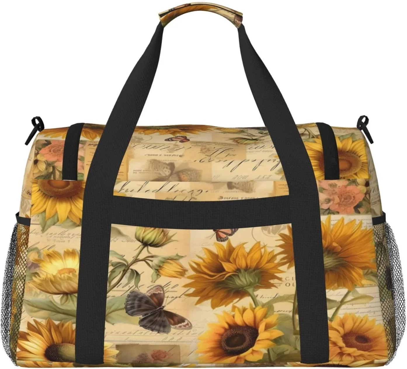 Travel Duffel Bag For Men Women, Retro Newspaper Sunflowers Carry On Sport Gym Bag With Shoulder Strap Lightweight Waterproof Weekender Bag Overnight Bag