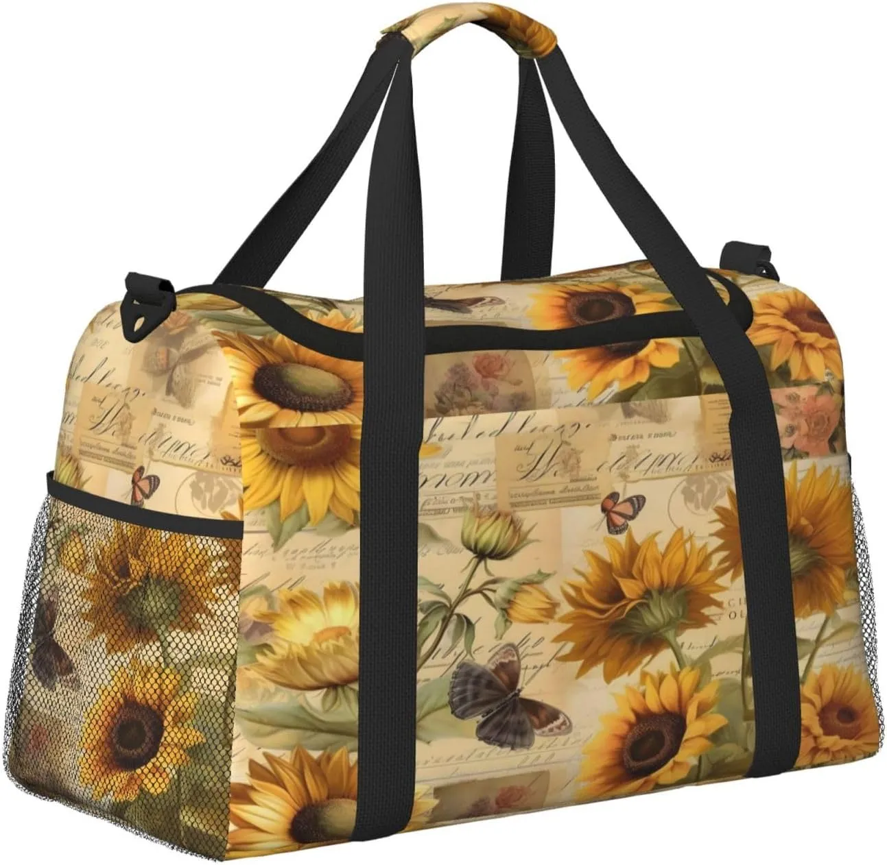 Travel Duffel Bag For Men Women, Retro Newspaper Sunflowers Carry On Sport Gym Bag With Shoulder Strap Lightweight Waterproof Weekender Bag Overnight Bag