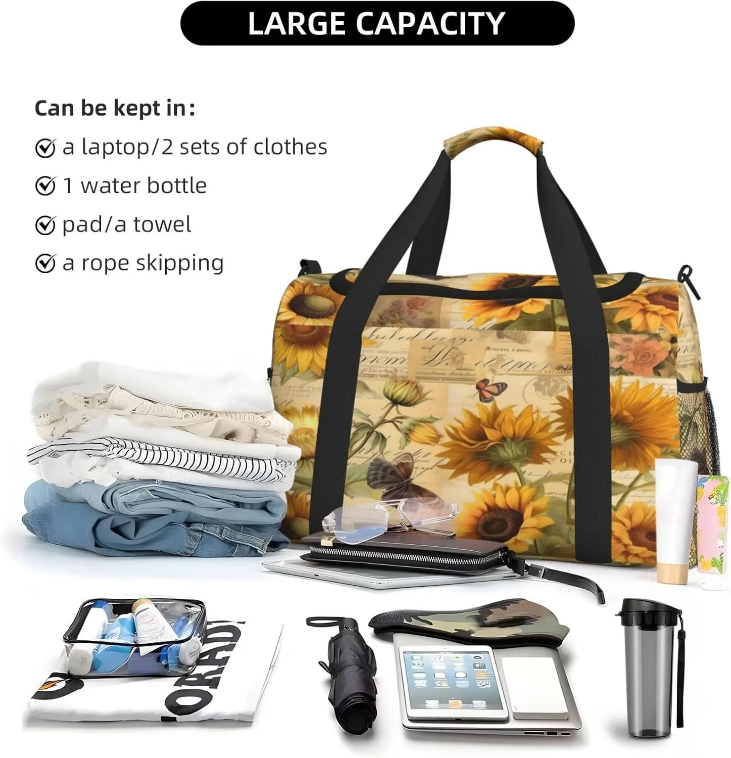 Travel Duffel Bag For Men Women, Retro Newspaper Sunflowers Carry On Sport Gym Bag With Shoulder Strap Lightweight Waterproof Weekender Bag Overnight Bag