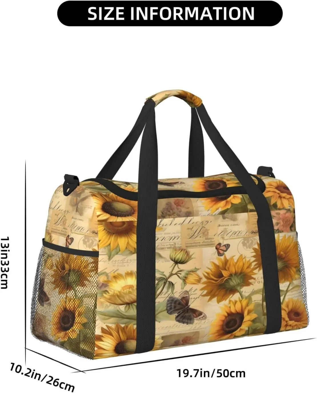 Travel Duffel Bag For Men Women, Retro Newspaper Sunflowers Carry On Sport Gym Bag With Shoulder Strap Lightweight Waterproof Weekender Bag Overnight Bag