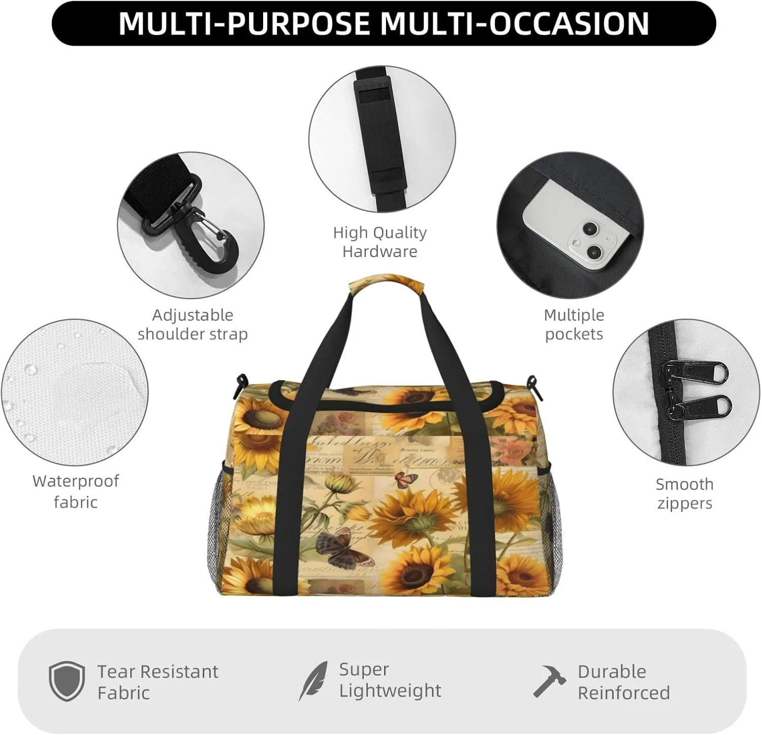 Travel Duffel Bag For Men Women, Retro Newspaper Sunflowers Carry On Sport Gym Bag With Shoulder Strap Lightweight Waterproof Weekender Bag Overnight Bag