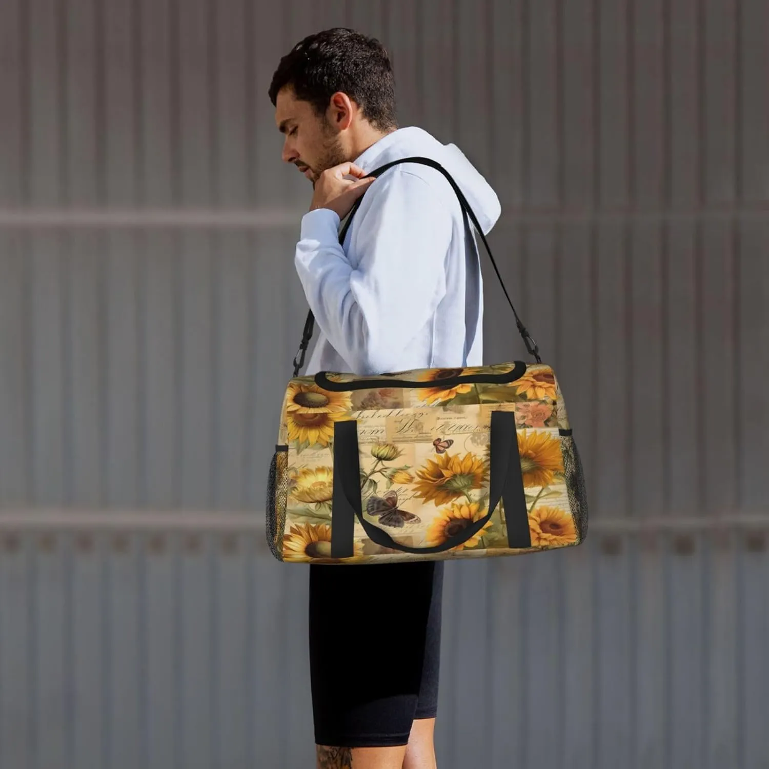 Travel Duffel Bag For Men Women, Retro Newspaper Sunflowers Carry On Sport Gym Bag With Shoulder Strap Lightweight Waterproof Weekender Bag Overnight Bag