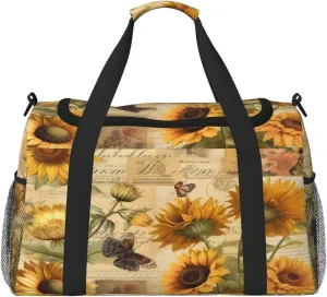 Travel Duffel Bag For Men Women, Retro Newspaper Sunflowers Carry On Sport Gym Bag With Shoulder Strap Lightweight Waterproof Weekender Bag Overnight Bag