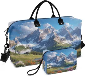 Travel Duffel Bag Mountain Peaks Landscape Florals Gym Bag Sports Tote Bag with Multiple Interior Pockets Shoulder Weekender Bag for Women Men with Toiletry Bag 20.5”x 7.9”x 13.8