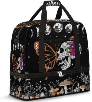 Travel Duffel Bag Skull Butterfly Moon Phase Sport Gym Bag for Woman Man,Waterproof Foldable Weekend Overnight Bag for Yoga Workout Training with Shoe Compartment