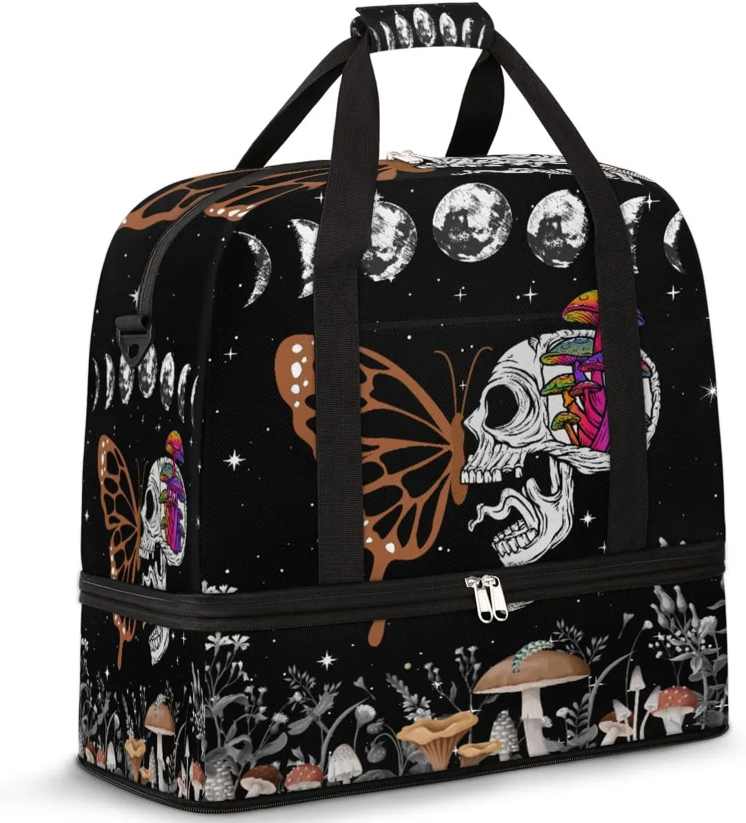 Travel Duffel Bag Skull Butterfly Moon Phase Sport Gym Bag for Woman Man,Waterproof Foldable Weekend Overnight Bag for Yoga Workout Training with Shoe Compartment