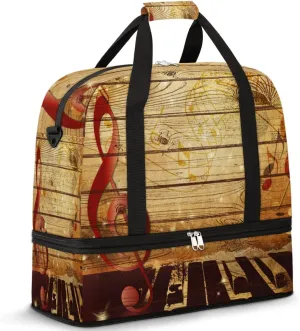 Travel Duffel Bag Vintage Music Note Wooden Texture Sport Gym Bag for Woman Man,Waterproof Foldable Weekend Overnight Bag for Yoga Workout Training with Shoe Compartment
