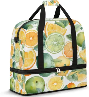 Travel Duffel Bag Watercolor Fruit Lemon Lime Leaves Sport Gym Bag for Woman Man,Waterproof Foldable Weekend Overnight Bag for Yoga Workout Training with Shoe Compartment