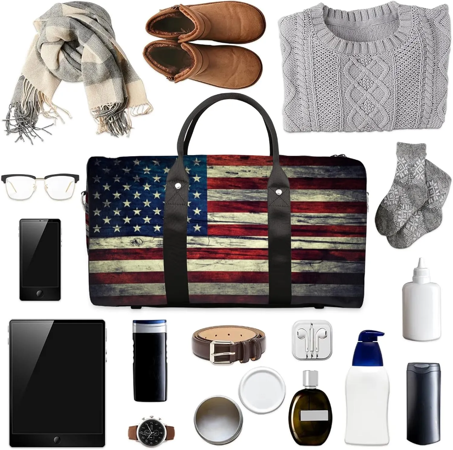 Travel Duffle Bag American Flag Retro Sports Gym Bags for Women Men Weekender Overnight Bags Waterproof Carry On Tote Bag Workout Bag for Dance Swimming Yoga Hospital