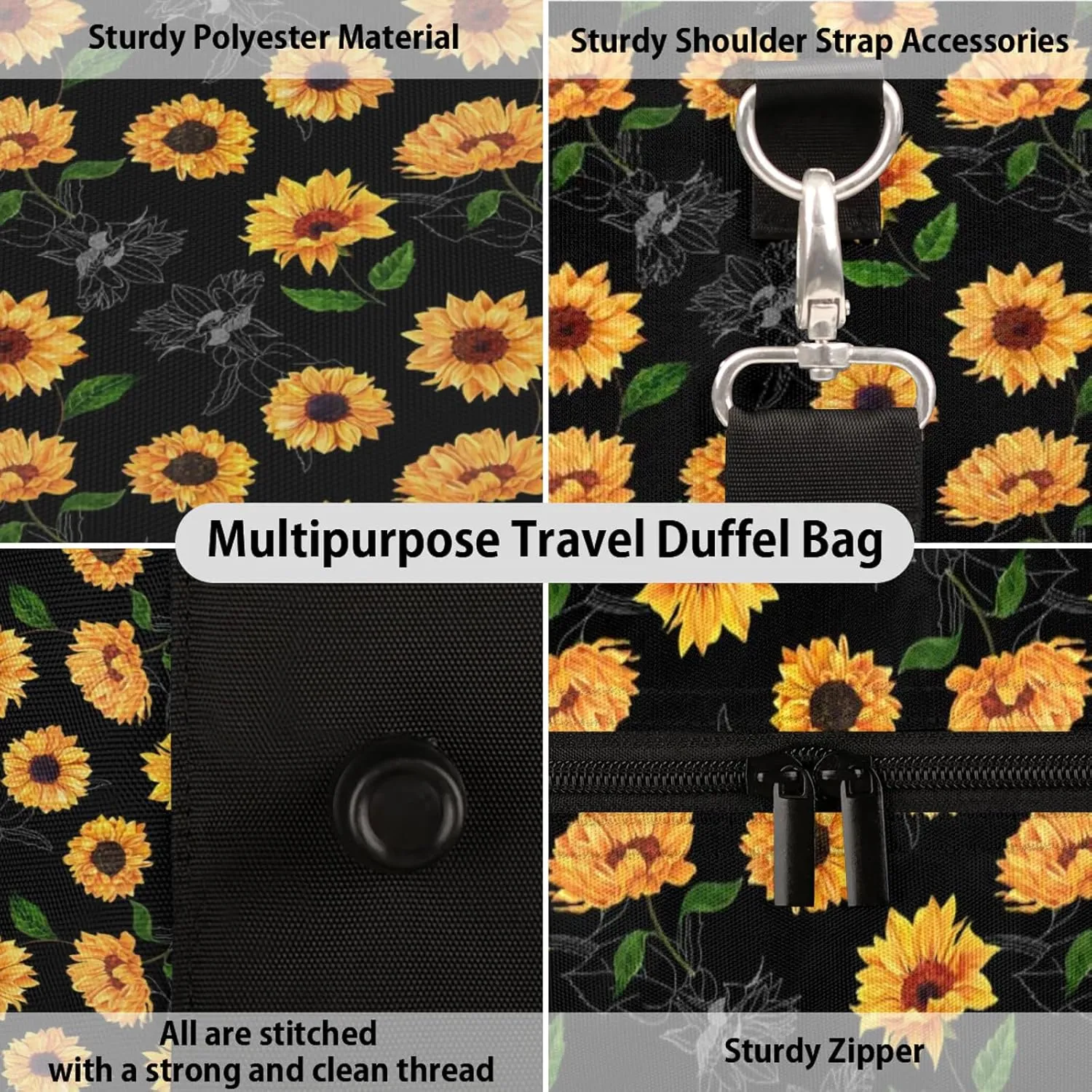 Travel Duffle Bag Flower Sunflower Beautiful Sports Gym Bags for Women Men Weekender Overnight Bags Waterproof Carry On Tote Bag Workout Bag for Dance Swimming Yoga Hospital