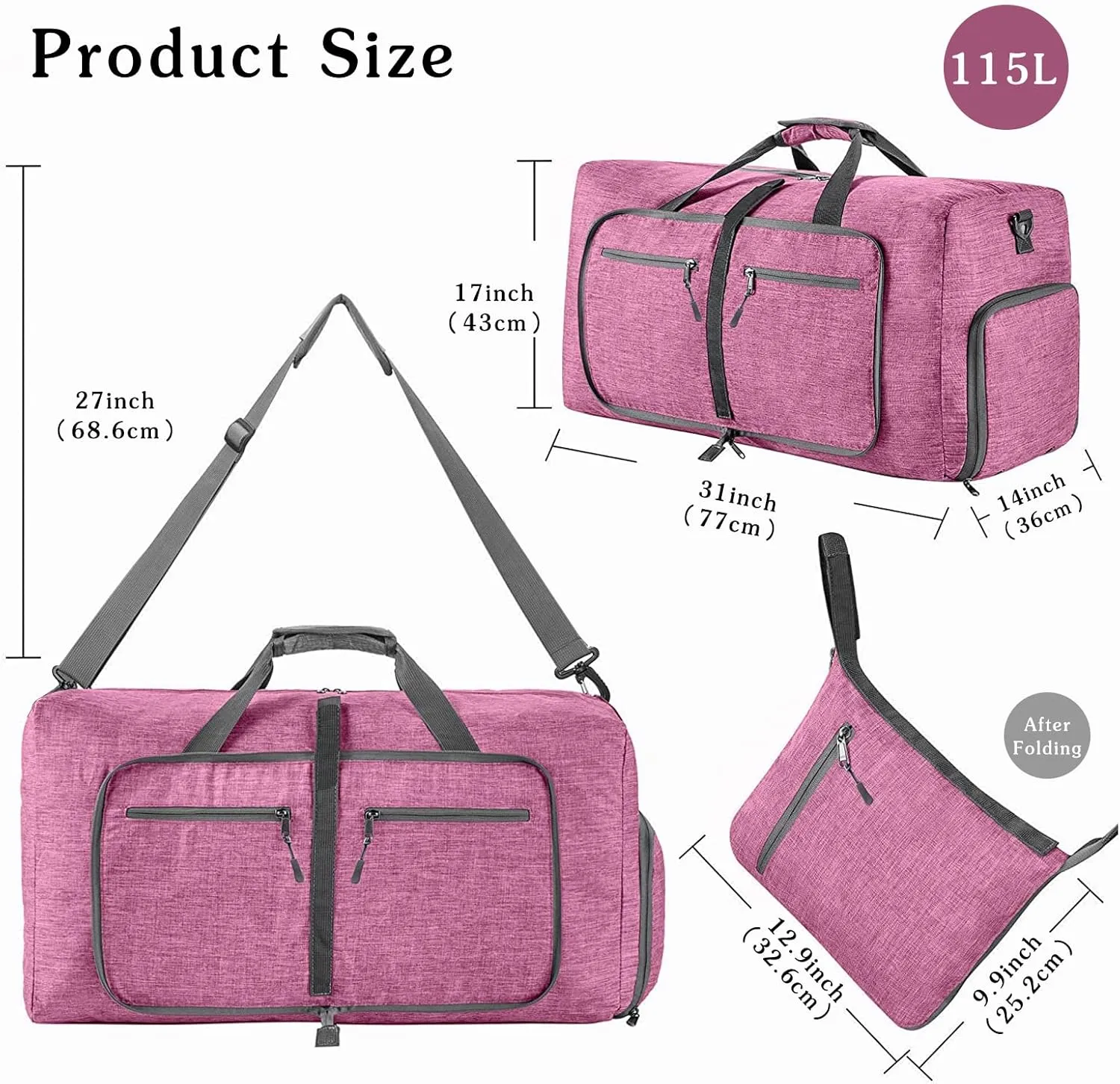 Travel Duffle Bag for Men/Women 115L Foldable Sport Duffel Bag Gym Tote Bag with Shoes Compartment Large Overnight Bag Weekend Shoulder Bag Carry On Luggage Hospital Bag Light Purple