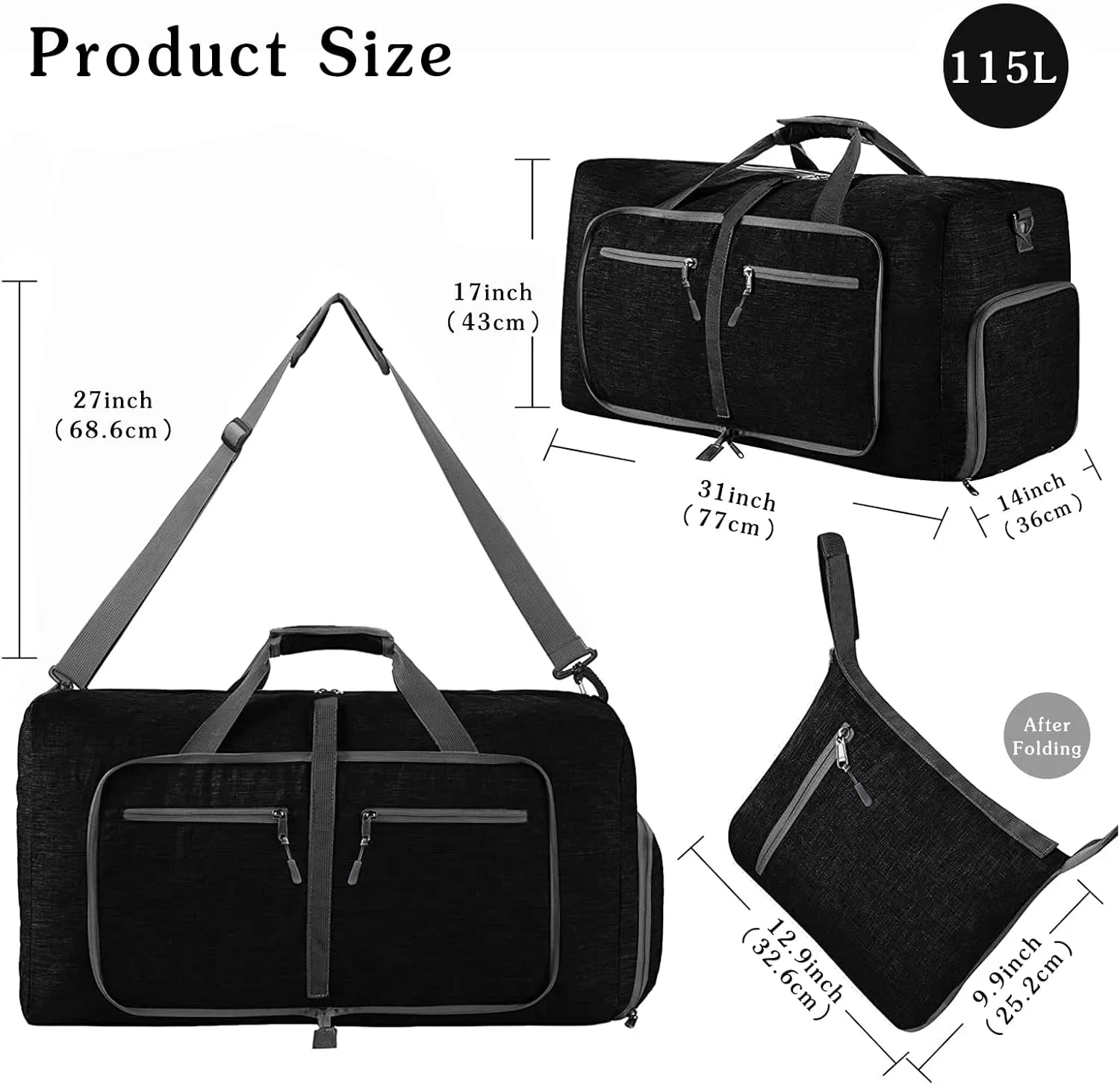 Travel Duffle Bag for Men/Women 115L Foldable Sport Duffel Bag Gym Tote Bag with Shoes Compartment Large Overnight Bag Weekend Shoulder Bag Lightweight Carry On Luggage Hospital Bag Black B