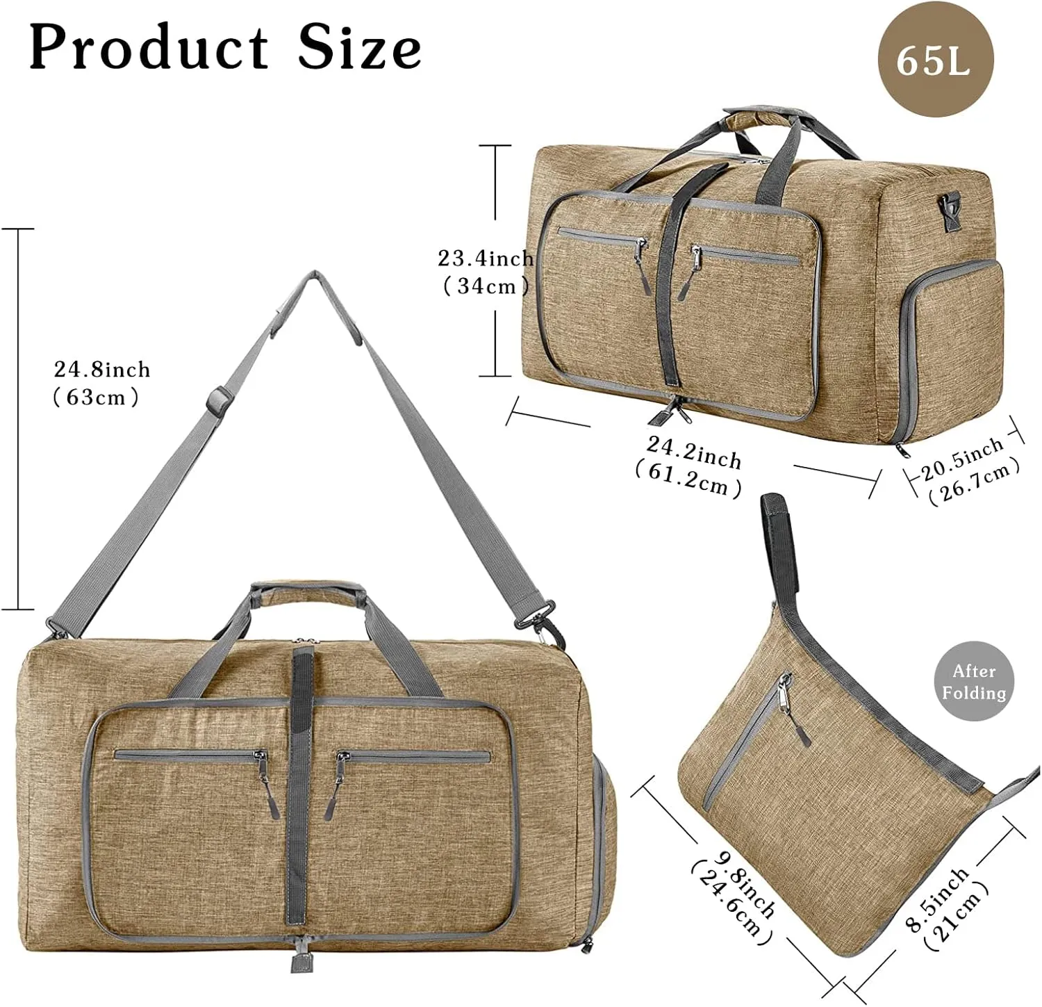 Travel Duffle Bag for Men/Women 65L Foldable Sport Duffel Bag Gym Tote Bag with Shoes Compartment Large Overnight Bag Weekend Shoulder Bag Lightweight Carry On Luggage Hospital Bag Beige