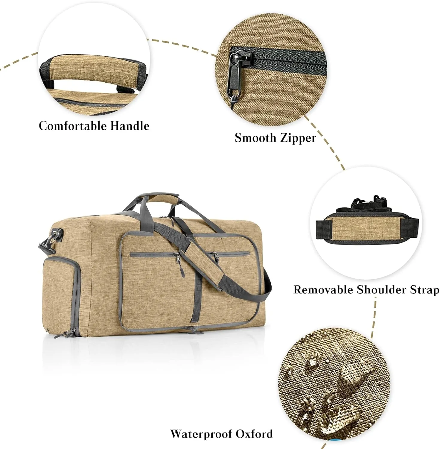 Travel Duffle Bag for Men/Women 65L Foldable Sport Duffel Bag Gym Tote Bag with Shoes Compartment Large Overnight Bag Weekend Shoulder Bag Lightweight Carry On Luggage Hospital Bag Beige