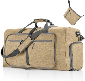 Travel Duffle Bag for Men/Women 65L Foldable Sport Duffel Bag Gym Tote Bag with Shoes Compartment Large Overnight Bag Weekend Shoulder Bag Lightweight Carry On Luggage Hospital Bag Beige