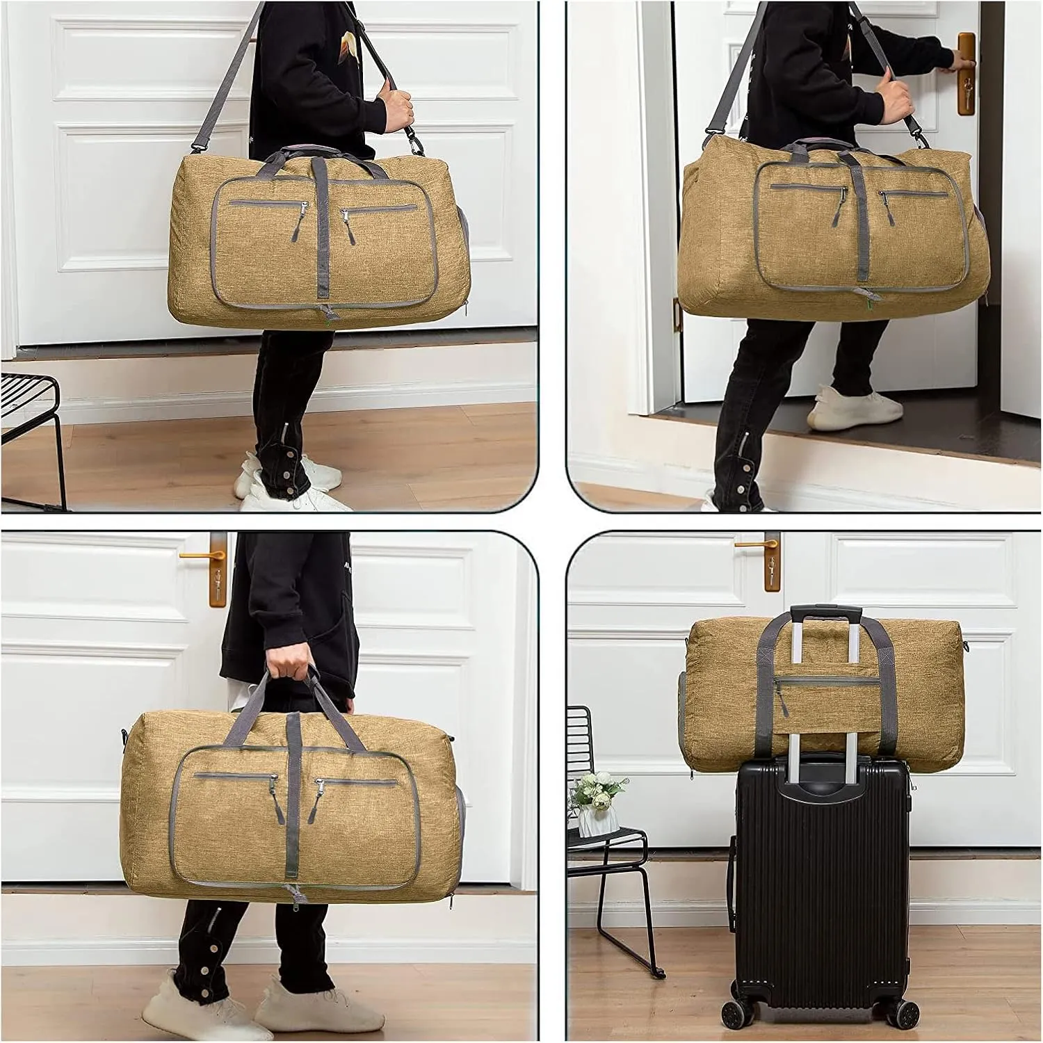 Travel Duffle Bag for Men/Women 65L Foldable Sport Duffel Bag Gym Tote Bag with Shoes Compartment Large Overnight Bag Weekend Shoulder Bag Lightweight Carry On Luggage Hospital Bag Beige