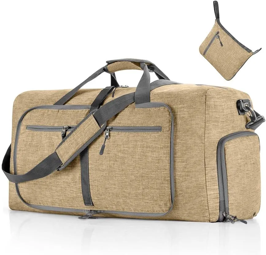 Travel Duffle Bag for Men/Women 65L Foldable Sport Duffel Bag Gym Tote Bag with Shoes Compartment Large Overnight Bag Weekend Shoulder Bag Lightweight Carry On Luggage Hospital Bag Beige