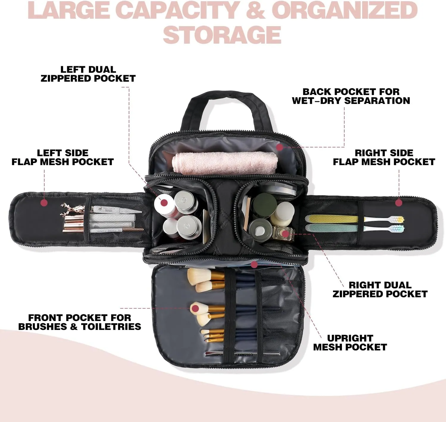 Travel Toiletry Bag – Large Lightweight Makeup Bag for Women, Wide-open Puffy Cosmetic Organizer with Dry-Wet Separation, Luggage Strap & Handle for Easy Travel, Gym, Essentials (WHITE)