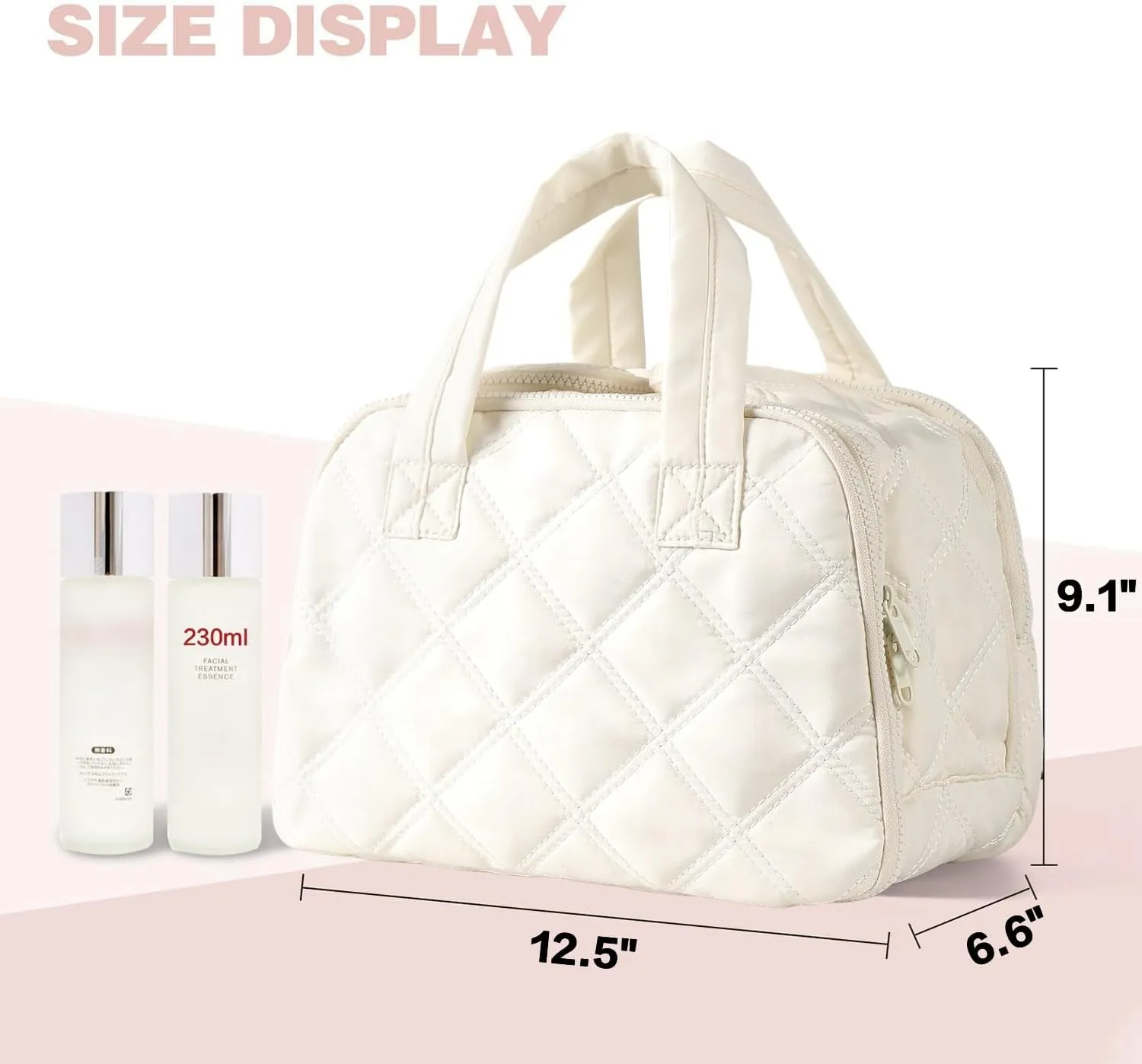 Travel Toiletry Bag – Large Lightweight Makeup Bag for Women, Wide-open Puffy Cosmetic Organizer with Dry-Wet Separation, Luggage Strap & Handle for Easy Travel, Gym, Essentials (WHITE)