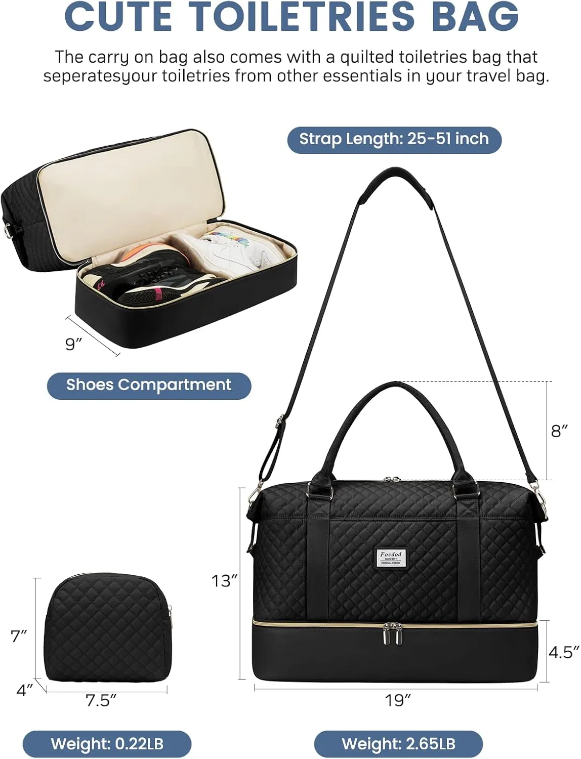 Travel Weekender Duffle Bags for Women: Overnight Bags with Shoe Compartment Large Carry on Weekend Bag with Toiletry & Wet Pocket Tote Duffel Bag Hospital Bag for Women Labor Delivery Black Brown