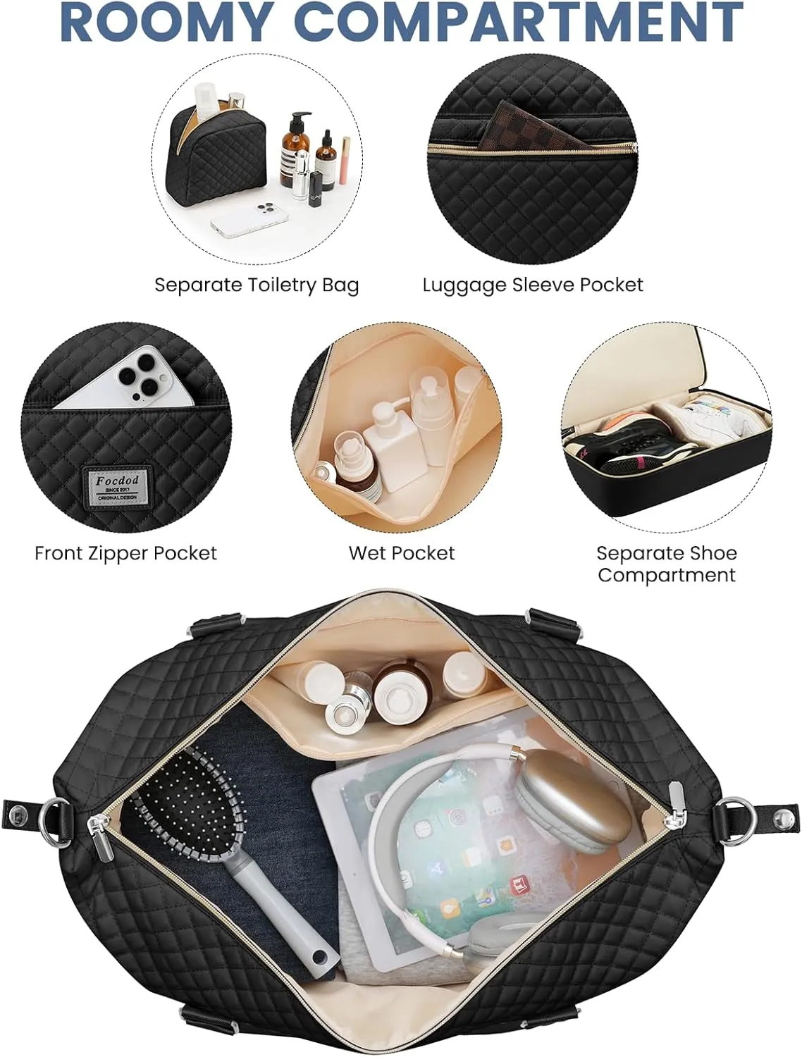 Travel Weekender Duffle Bags for Women: Overnight Bags with Shoe Compartment Large Carry on Weekend Bag with Toiletry & Wet Pocket Tote Duffel Bag Hospital Bag for Women Labor Delivery Black Brown